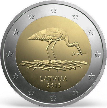 Łotwa 2 euro 2015 30-lecie łotewskiego Towarzystwa Ornitologicznego (Bocian czarny)