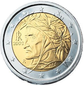 Włochy 2 euro 2002 Portret Dantego Alighieri autorstwa malarza Raphaela